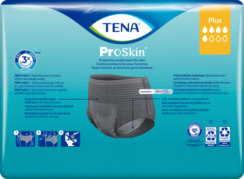 Back of pack of TENA ProSkin Plus Protective Underwear for Men