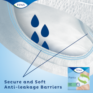 TENA Pants Super Incontinence pants with secure and soft anti-leakage barriers around the leg opening 