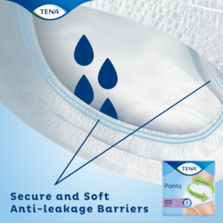 El protector TENA Pants Maxi para la incontinencia incluye suaves barreras en la abertura de la pierna que protegen frente a las pérdidas