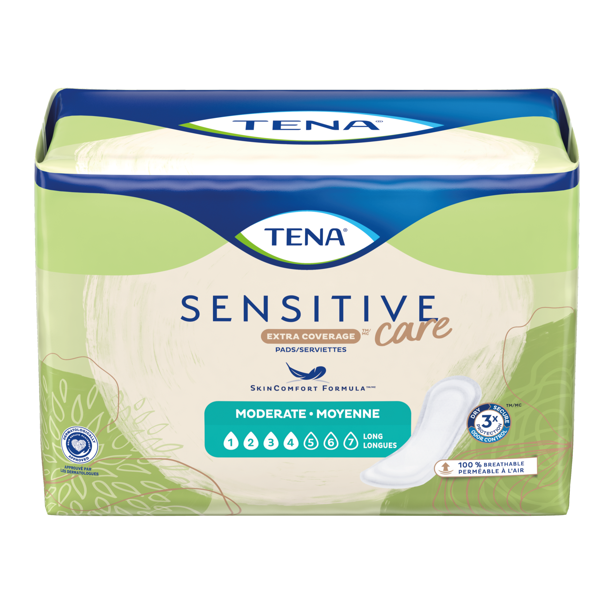 Vue de face d’un emballage de serviettes TENA Sensitive Care Extra CoverageMC à absorption moyenne longues