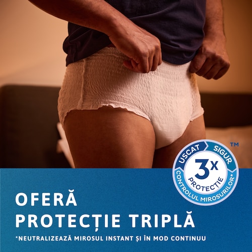 Persoană care stă în picioare, purtând  chilotul TENA. Există o pictogramă cu  protecție triplă pe partea laterală a  imaginii. Mesajul transmite „Protecție  triplă de încredere”.