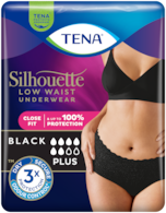 Beautyverpakking van TENA Silhouette Plus Low Waist zwart ondergoed 