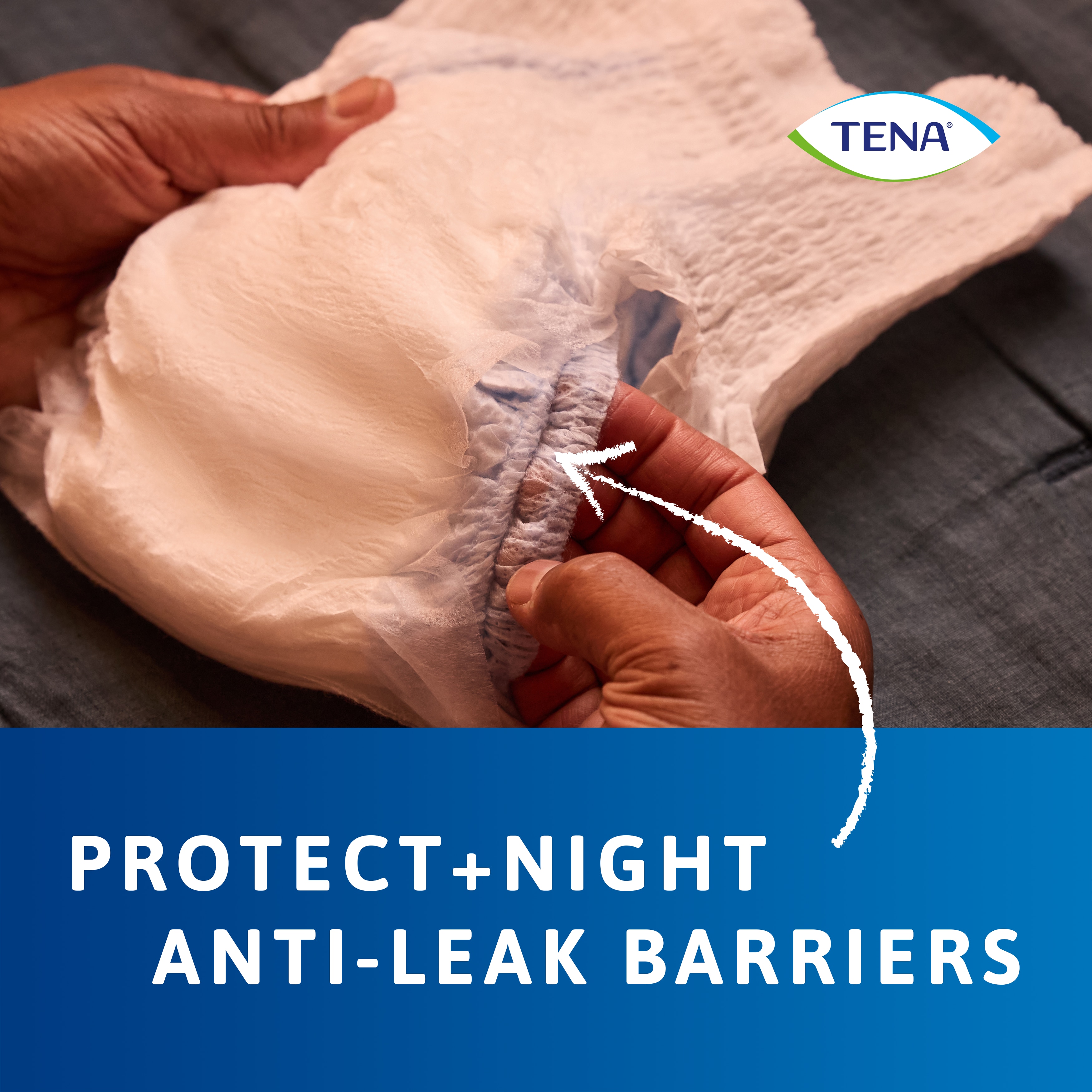 Visualização das barreiras antifugas azuis que estão presentes nos produtos TENA Pants protect+ night