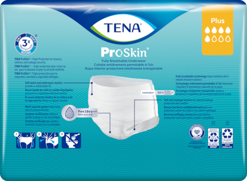 Back of pack of TENA ProSkin Plus Fully breathable underwear