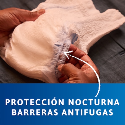 Visualización de las barreras azules de seguridad contra las pérdidas que contienen los productos para la noche TENA Pants protect+