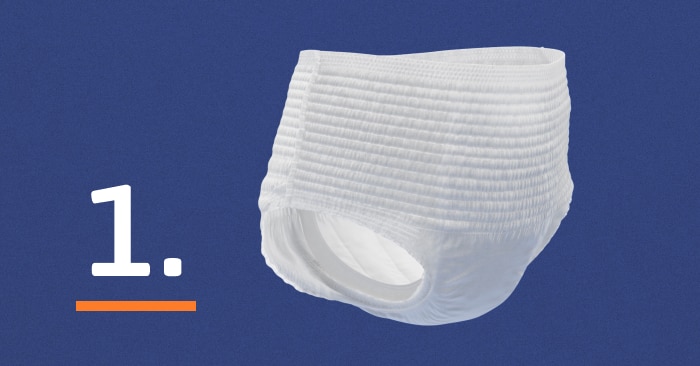 Ein Bild mit TENA ProSkin Pants neben der Zahl 1. Die Zahl 1 steht für "Trockenheit" - der erste Schritt in der 3-Schritte-Hautgesundheitslösung von TENA.