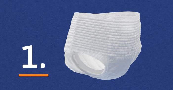 Ein Bild mit TENA ProSkin Pants neben der Zahl 1. Die Zahl 1 steht für "Trockenheit" - der erste Schritt in der 3-Schritte-Hautgesundheitslösung von TENA.