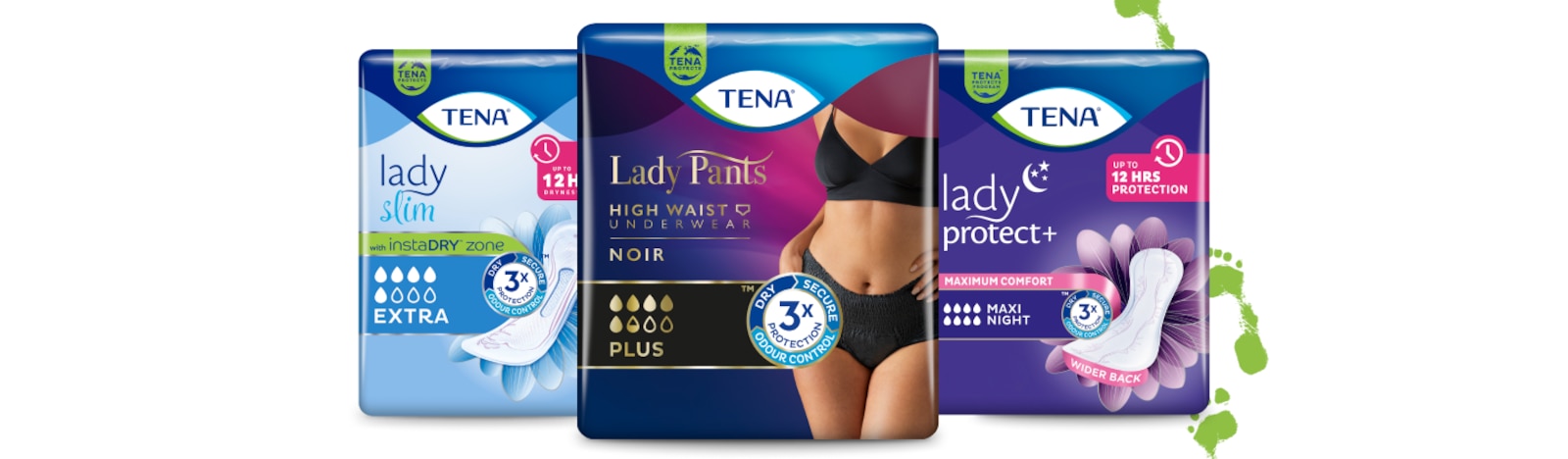 Упаковки продуктів: TENA Lady Slim Extra, TENA Lady Pants Plus Creme, TENA Lady Protect+ Maxi Night