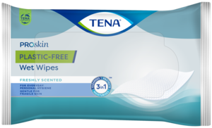Lingettes imprégnées TENA ProSkin Wet Wipes sans plastique composées à 100 % de viscose.