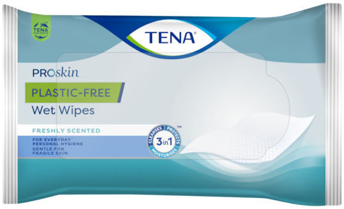 Lingettes imprégnées TENA ProSkin Wet Wipes sans plastique composées à 100 % de viscose.