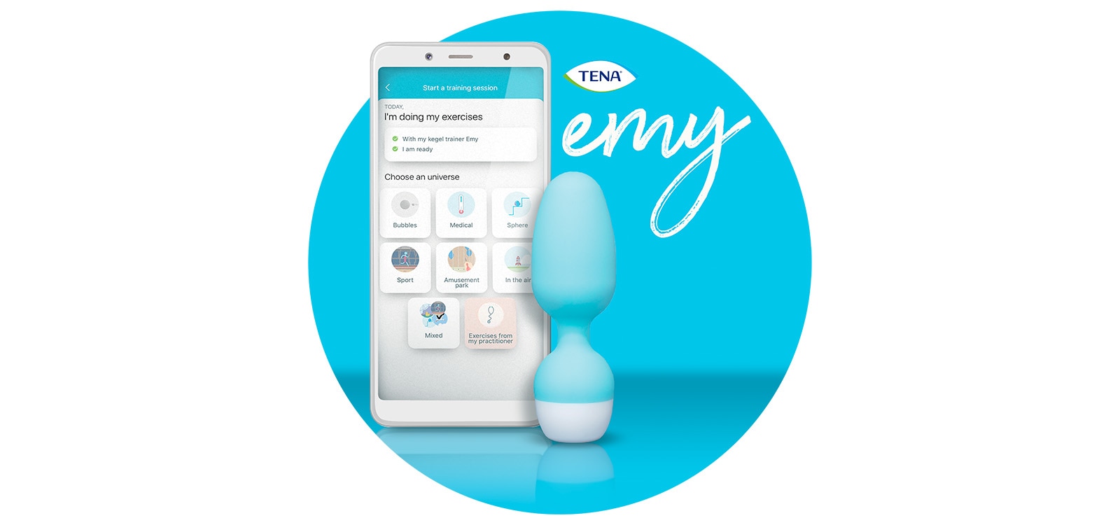 Emy smart kegel trainer next to a mobile showing the app