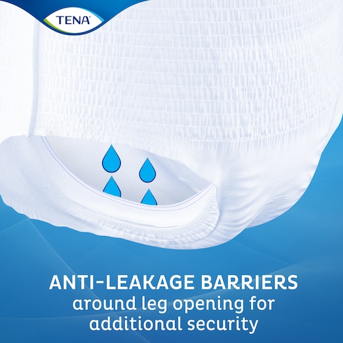 TENA Pants with anti-leakage barriers around leg opening for additional security