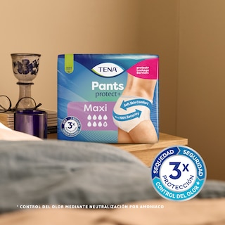 Paquete de TENA Pants protect+ sobre una mesita de noche con el icono de triple protección