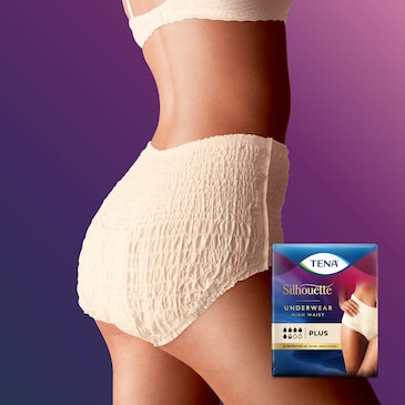 A woman from the side wearing a TENA Silhouette Creme high waist