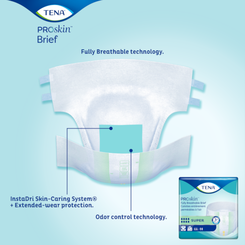 TENA ProSkin Super briefs has extended-wear protection and odor control technology 