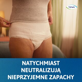 Osoba zakładająca bieliznę chłonną TENA, z napisem "Natychmiast neutralizują nieprzyjemne zapachy".