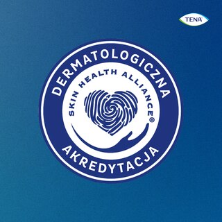 Logo akredytacji dermatologicznej Skin Health Alliance z sercem w dłoni, marka TENA.