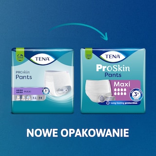Nowe opakowanie TENA ProSkin Pants Maxi z długotrwałą ochroną, pokazane obok starego opakowania.