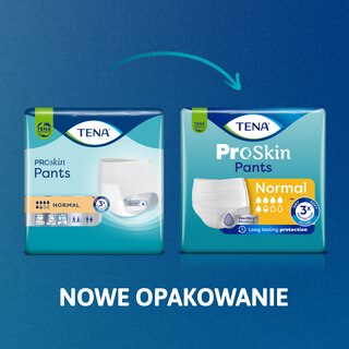Nowe opakowanie TENA ProSkin Pants Normal z długotrwałą ochroną, pokazane na niebieskim tle.