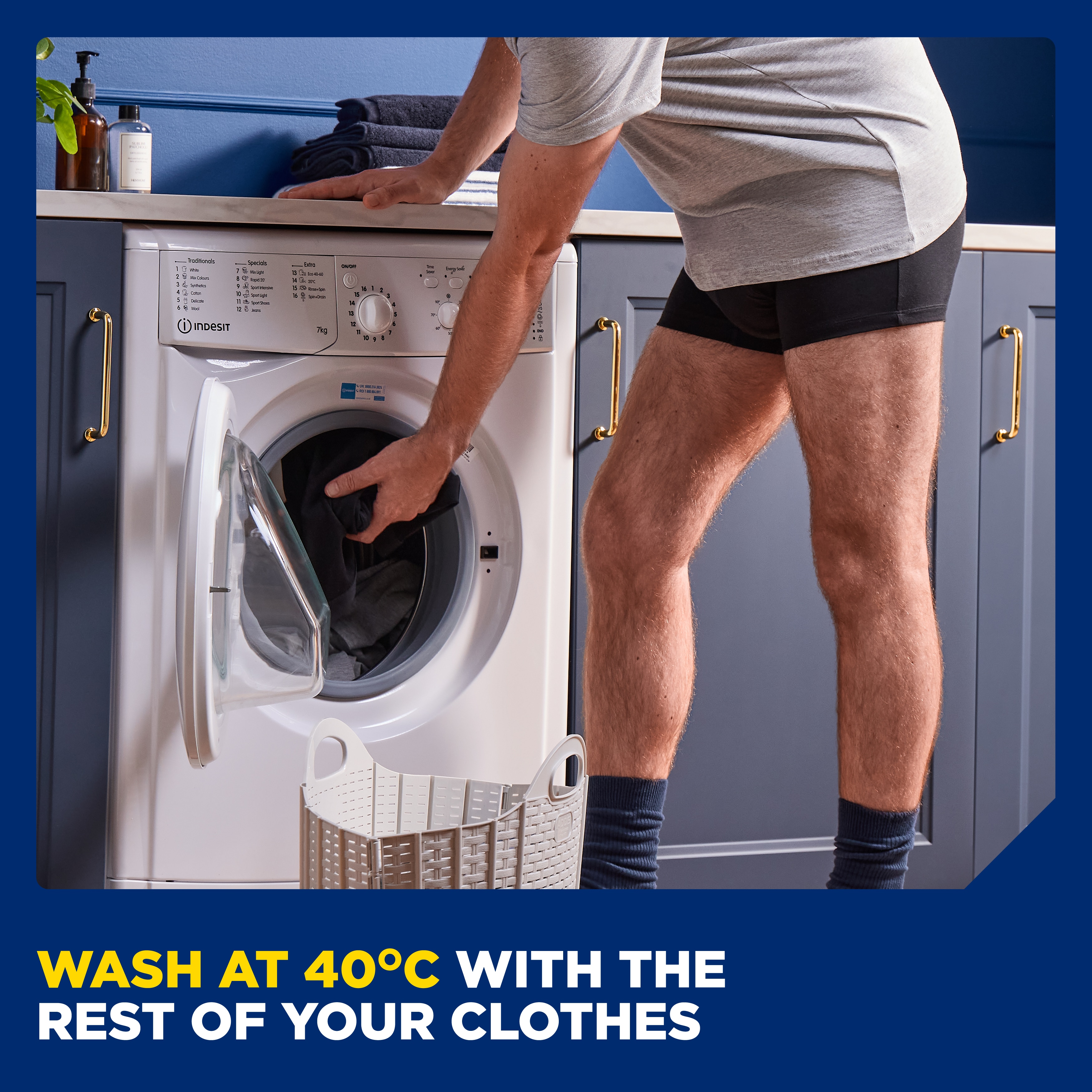 Tvätta enkelt inkontinensskyddet från TENA Men i 40&nbsp;ºC tillsammans med dina andra kläder
