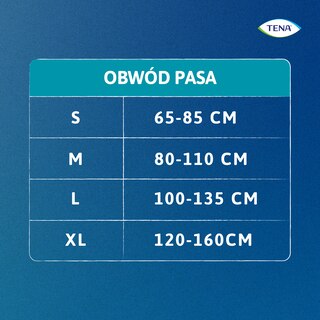 Tabela rozmiarów TENA ProSkin Pants z obwodami pasa: S 65-85 cm, M 80-110 cm, L 100-135 cm, XL 120-160 cm.