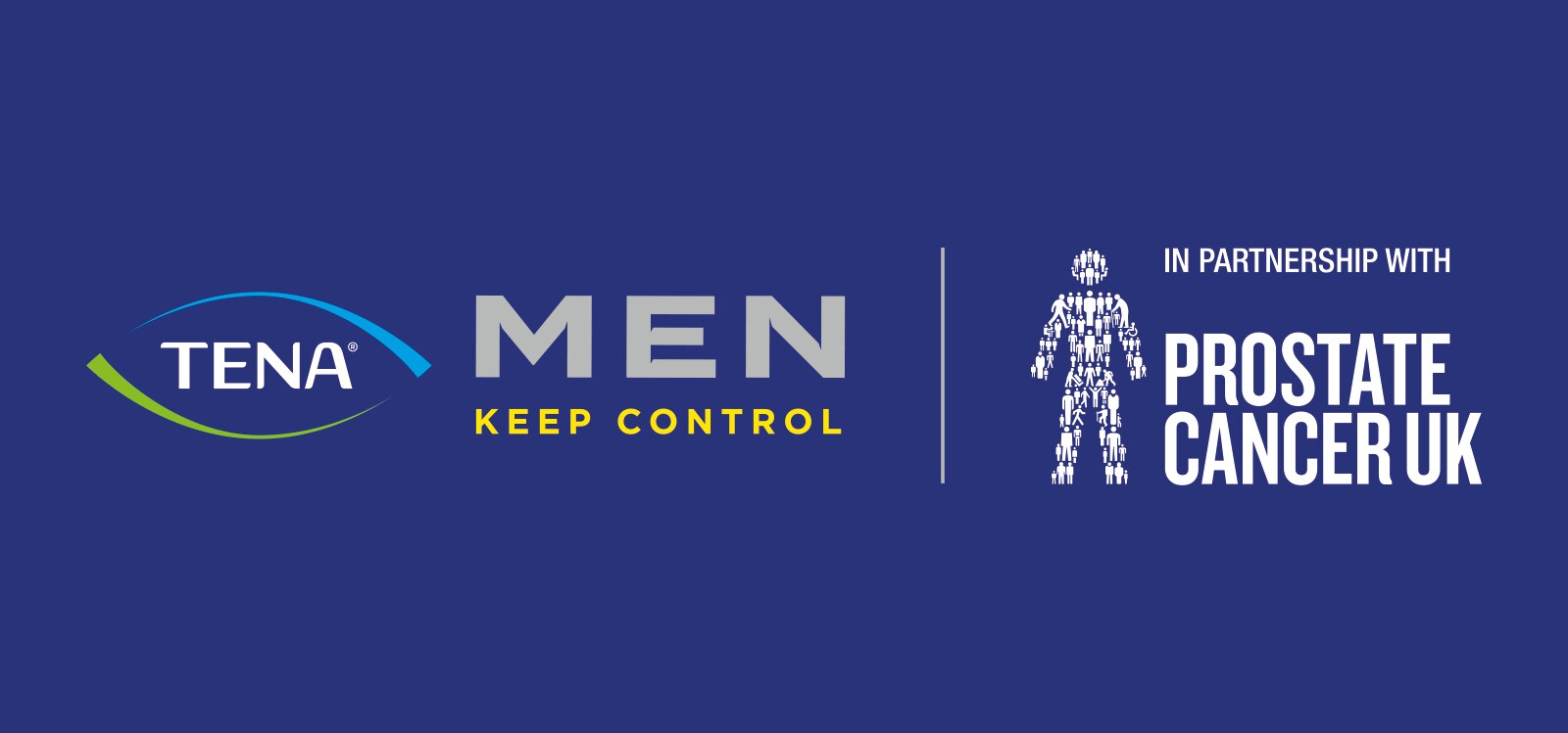 TENA Men and Prostate Cancer UK logos combined on a dark blue background