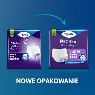 Nowe opakowanie TENA ProSkin Pants Night Super z długotrwałą ochroną, pokazane obok starego opakowania.