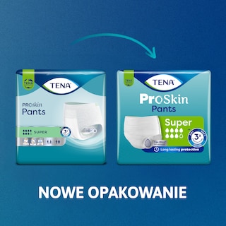 Nowe opakowanie TENA ProSkin Pants Super z długotrwałą ochroną, pokazane obok starego wzoru.