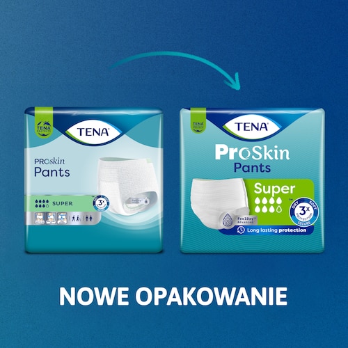 Nowe opakowanie TENA ProSkin Pants Super z długotrwałą ochroną, pokazane obok starego wzoru.