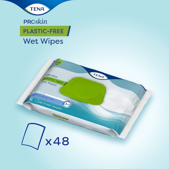 En förpackning med TENA Proskin PF Wet Wipes plastfria, stora våtservetter 48 stycken