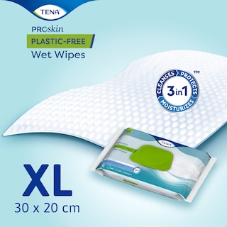 TENA ProSkin Vochtige Reinigingsdoekjes zonder plastic, gemaakt van 100% viscose.