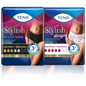 Packshot of TENA Stylish Black normal low-waist incontinence underwear.