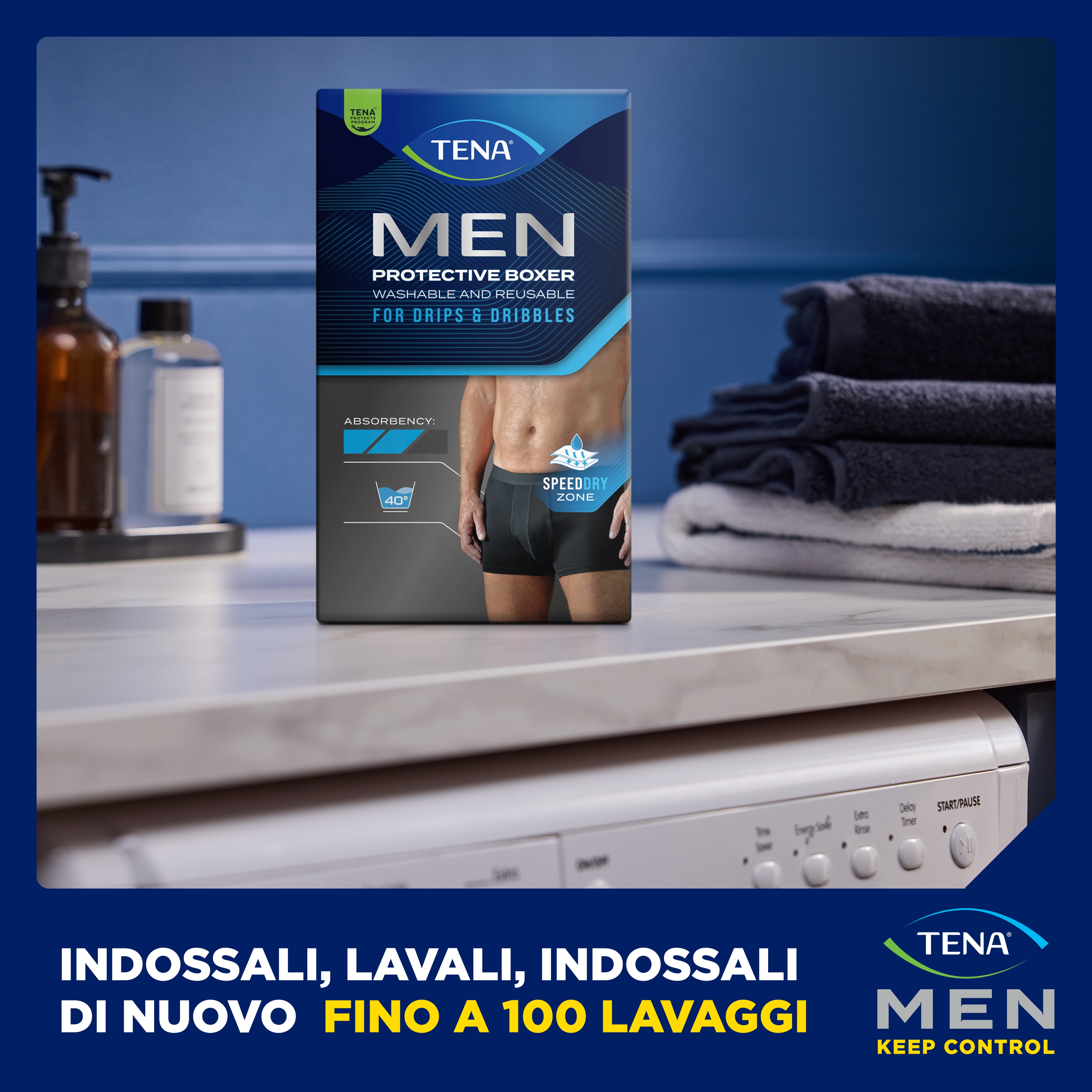 Indossa, lava, riutilizza. Lava i boxer protettivi da uomo TENA Men a 40°