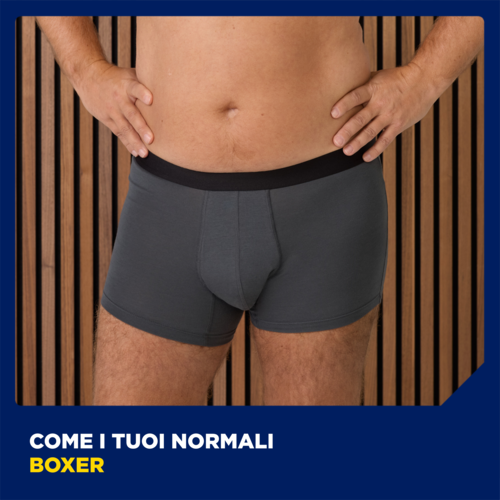 Come i tuoi normali boxer, ma con protezione integrata che protegge da gocce e piccole perdite di urina