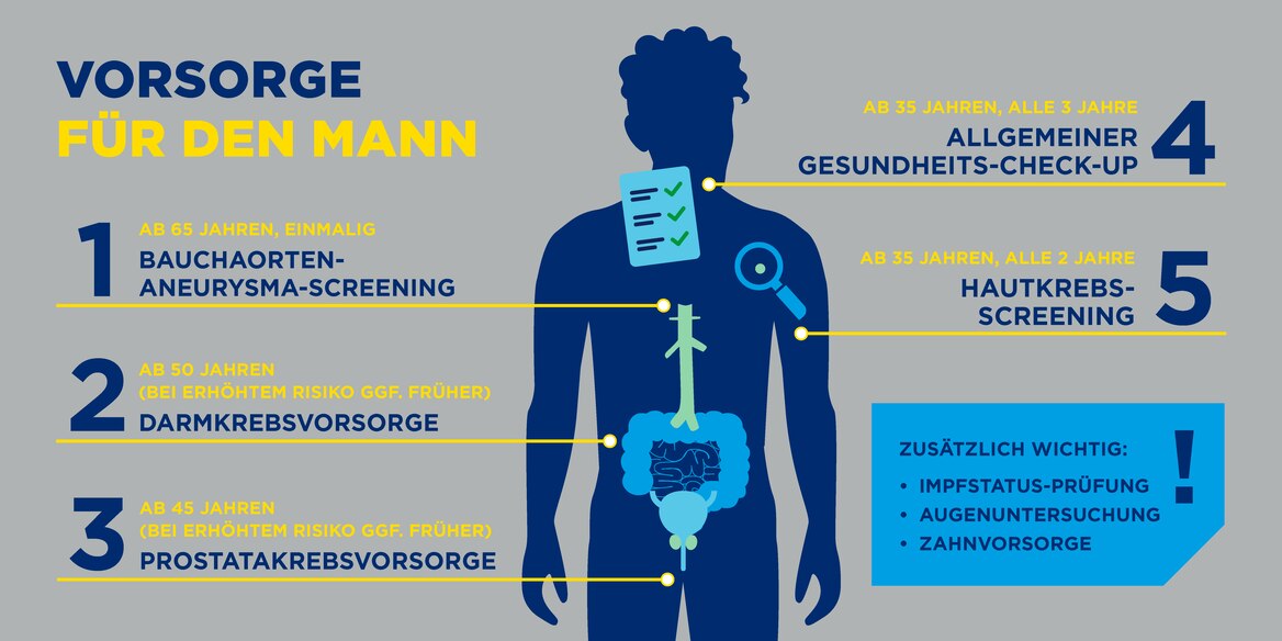 Infografik, die anhand einer männlichen Silhouette empfohlene Vorsorgeuntersuchungen für Männer ab bestimmten Altersstufen zeigt.