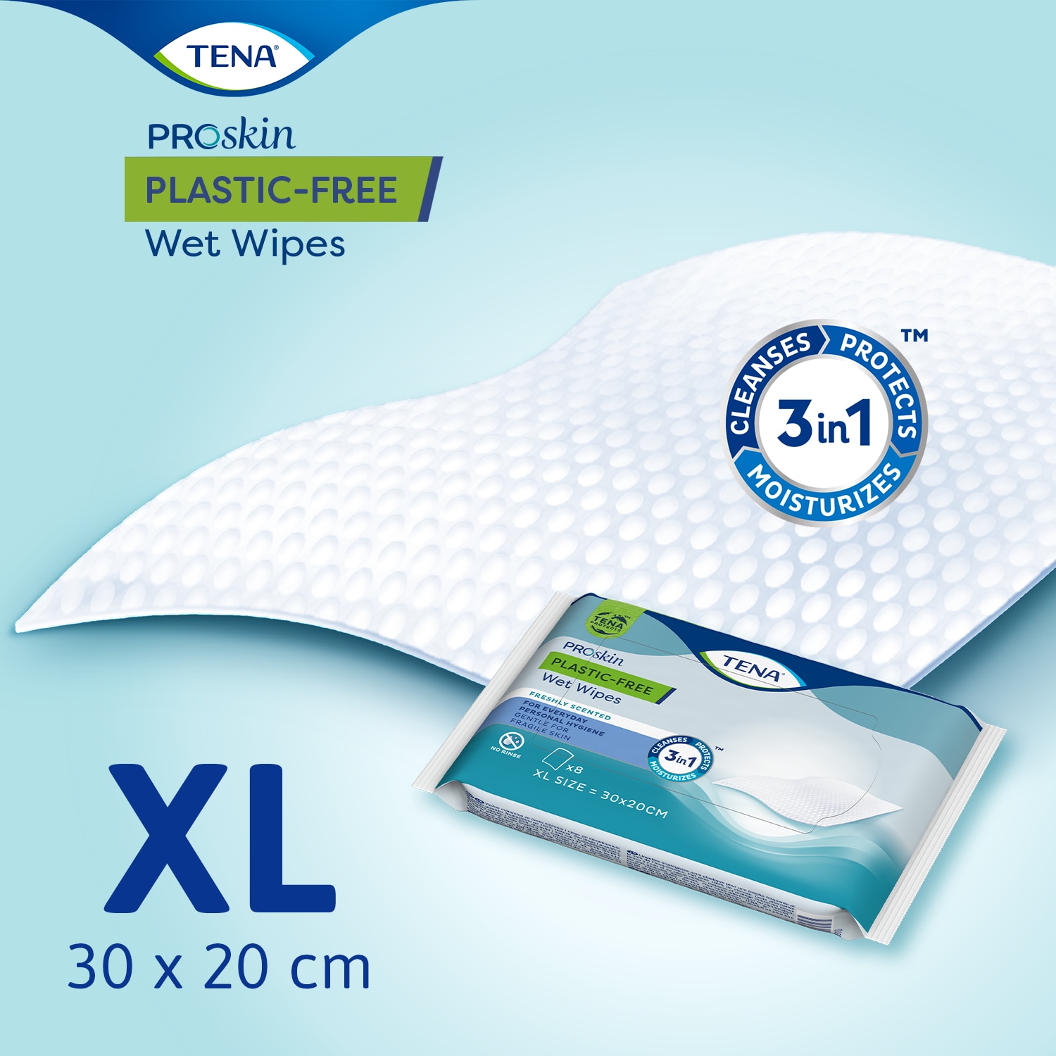 TENA ProSkin Plastic-Free Wet Wipes fremstillet af 100 % viskose.