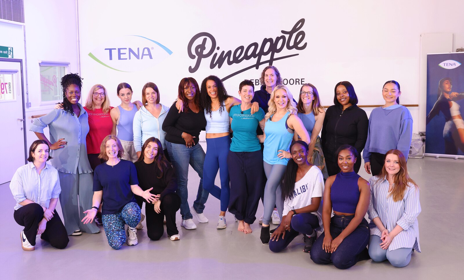 Group photo of participants at TENA pelvic floor dance class hosted by Kristina Rihanoff