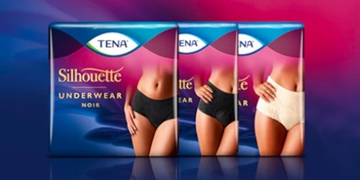 Paquets de sous-vêtements absorbants TENA Silhouette, présentés en trois variétés.
