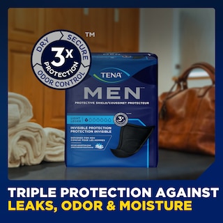The TENA Protective Shield Light package laying on a table with the caption "Triple protection against leaks, odor and moisture"