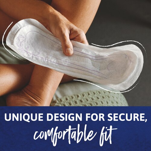 Woman sitting cross-legged and holding a TENA Sensitive Care Ultra pad. Caption says "Unique design for secure, comfortable fit".