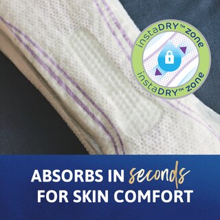 Close-up of a TENA Sensitive Care Ultra pad with the icon instaDRY zone. The caption at the bottom says "Absorbs in seconds for skin comfort"