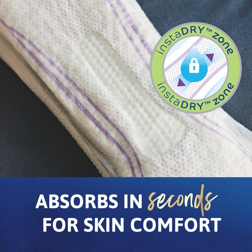 Close-up of a TENA Sensitive Care Ultra pad with the icon instaDRY zone. The caption at the bottom says "Absorbs in seconds for skin comfort"