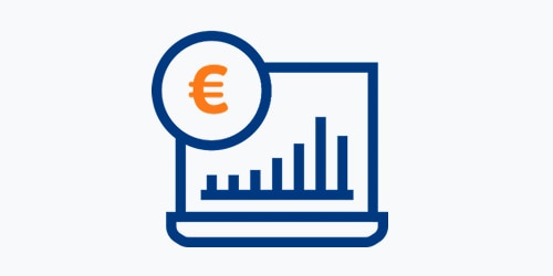 An illustrated icon of a laptop. A graph on the laptop screen shows an increase and there is a Euro symbol in the upper left-hand corner. 