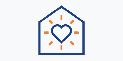 An illustrated icon showing a glowing heart inside a house-shaped frame