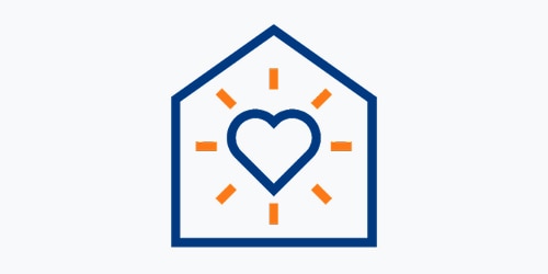 An illustrated icon showing a glowing heart inside a house-shaped frame