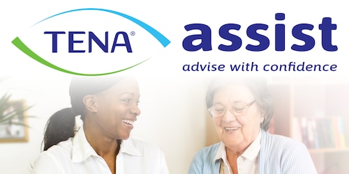 TENA Assist Logo with image of nurse and patient laughing