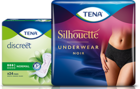 Uma imagem que mostra a embalagem de TENA Women Discreet Normal e a de roupa interior TENA Silhouette em cor Noir