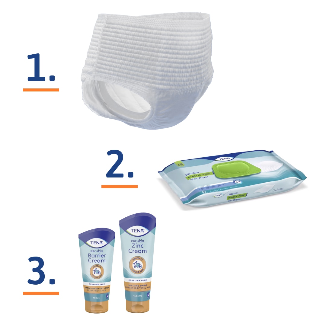 La solution de santé cutanée en 3 étapes ProSkin de TENA comprend les produits absorbants ProSkin de TENA, les lingettes humides nettoyantes de TENA et la crème protectrice au zinc de TENA et la crème barrière de TENA.