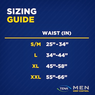 Size guide for TENA Men Overnight Max underwear