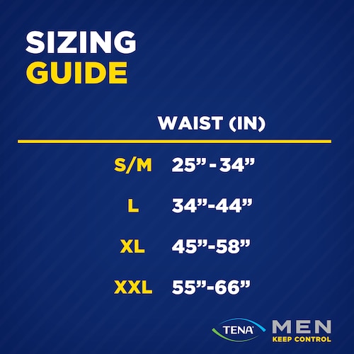 Size guide for TENA Men Overnight Max underwear